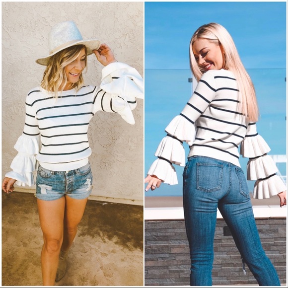 Chaser Sweaters - Chaser Tiered Ruffle Sleeve Striped Sweater